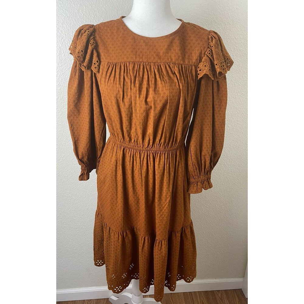 Universal Thread Dress Womens Large Rust Brown Orange Eyelet Lace Tiered Pockets